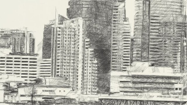 art drawing black and white of building in Bangkok Thailand
