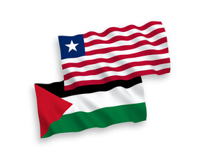 National vector fabric wave flags of Liberia and Palestine isolated on white background. 1 to 2 proportion.