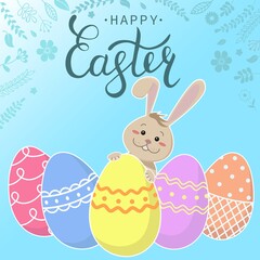 Easter greeting card with  a cute bunny and colored eggs. Hand drawn lettering. Square banner