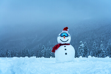 Obraz premium Funny snowman in ski glass in snowy mountains. Ski resort concept. Merry Christmass and happy New Year