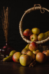 Autumn still life food photography with apples and pears