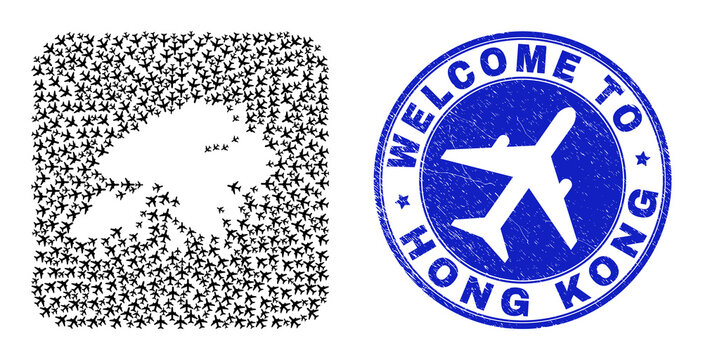 Vector mosaic Hong Kong map of air plane items and grunge Welcome seal stamp. Mosaic geographic Hong Kong map constructed as stencil from rounded square with air transport.