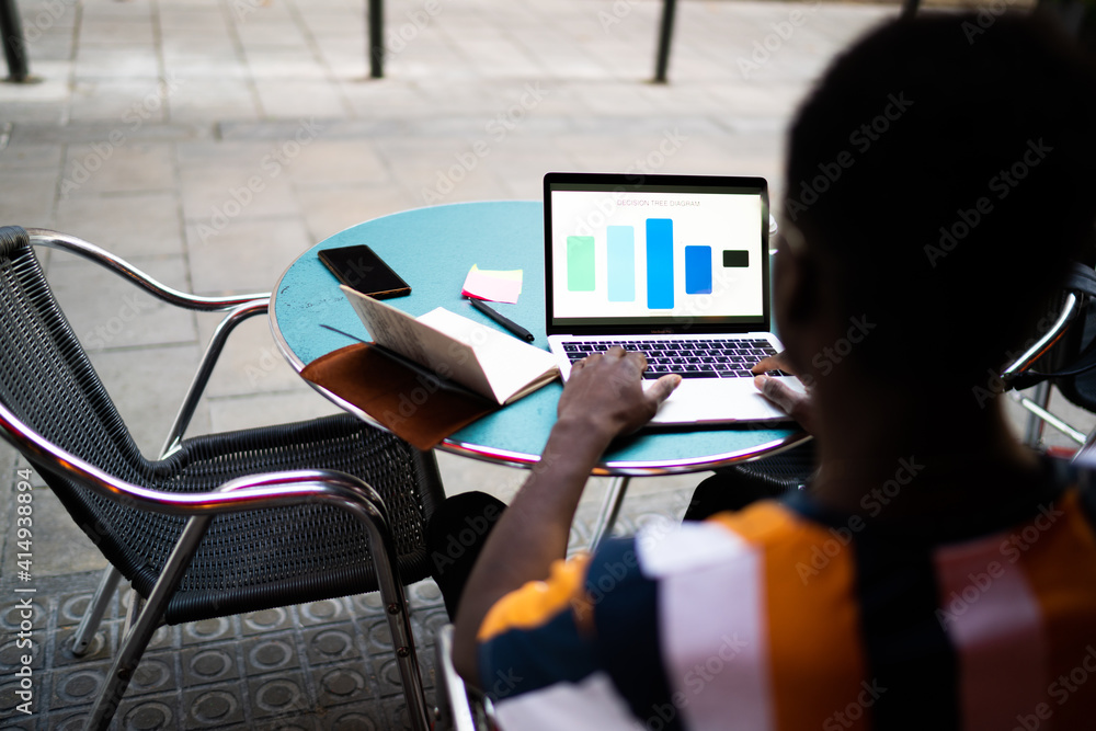 Poster back view of dark skinned male student studying graph charts using laptop application for elearning 