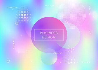 Liquid shapes background with dynamic fluid. Holographic bauhaus gradient with memphis elements.