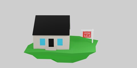 House for sale sign front of house 3d rendering illustration. Empty copy space for your own text.