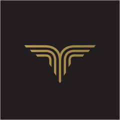 Eagle-looking T logo. Gold color on black background. Vector symbol