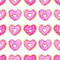 Donuts with pink frosting. A pattern with a watercolor illustration of a heart-shaped cookie. Seamless pattern on a white background. Print for fabric, textiles, stationery, paper and any design