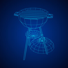 Round barbecue grill. Outdoor bbq party. Wireframe low poly mesh vector illustration