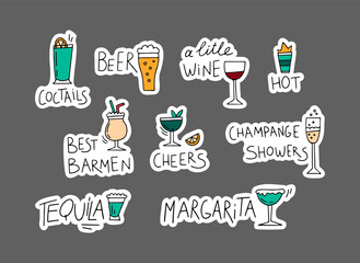 Vector set of hand-lettering cocktail labels. Drawn lettering and icons for cocktail, bartender and cocktail menu, funny badges for birthday