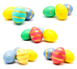 Collection of photos colorful perfect handmade painted easter eggs isolated