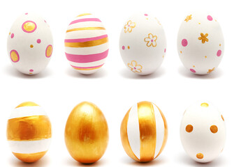 Collection of photos colorful perfect handmade painted easter eggs isolated
