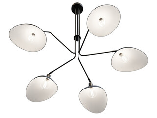 Modern black metal chandelier with black scoop-like shades. 3d render