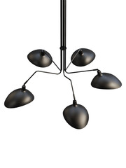 Modern black metal chandelier with black scoop-like shades. 3d render