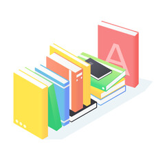 Books stack isometric. Pile of standing paperback literature with hardcover isolated on white background. Handbooks with colorful covers for school education and reading concept.
