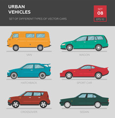 Urban vehicles. Set of different types of vector cars: sedan, hatchback, crossover, wagon, sport car, van, mini bus. Cartoon flat illustration, auto for graphic and web design.