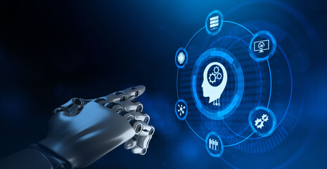 AI Artificial intelligence machine deep learning. Technology concept. Robotic arm 3d rendering.