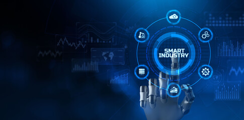 Fototapeta na wymiar Smart industry innovation technology concept on screen. Robotic arm 3d rendering.