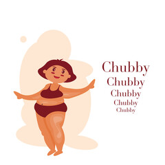 Chubby girl cartoon wearing sportswear .Fat young woman standing.Character of happy an overweight woman dressed in sportswear on brown  background. Plus Size Girl Doing Yoga.Vector isolate flat design