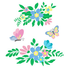 Image of bouquets of delicate blue and pink flowers, leaves and butterflies in vector graphics on a white background. For posters, t-shirt prints, notebook covers, packaging
