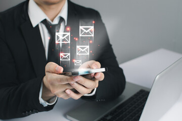 Businessman people are using Message innovative technology. Mixed media, digital smartphone and online concept.