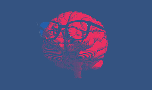 Red engraving brain with glasses illustration on blue BG