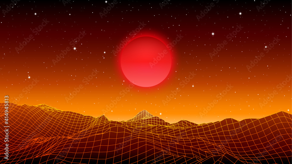 Poster futuristic landscape with 80s styled cyberpunk grid mountains on orange planet. synthwave background