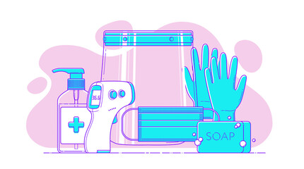 Set of vector PPE line icon on background of abstract shapes for medical infographic. Mask, face shield, disinfectant hand sanitizer antibacterial gel, non-contact infrared thermometer, gloves, soap