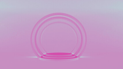 Obraz premium Demonstration stand. Round pink podium on a pink background. A pedestal for the winner. Banner for advertising. 3d render.
