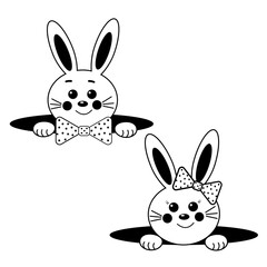 hares peeking out of a hole, black fused outline, vector isolated illustration for the Holy Easter holiday, decor, decoration, print