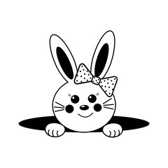 rabbit girl peeking out of the hole, black outline, children's Vector Isolated illustration for Holy Easter holiday, decor, decoration, print