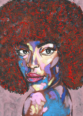 Beautiful black woman young with afro hairstyle. Acrylic painting on canvas. Black lives matter