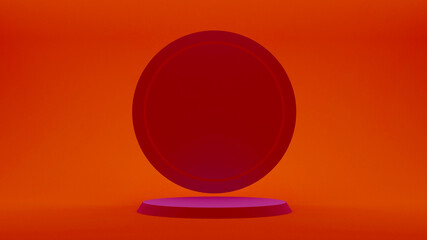 Demonstration stand. Round red podium on a red background. A pedestal for the winner. Banner for advertising. 3d render.