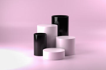 White cylinder shaped stand or pedestal for products with black glass tube. 3D rendering
