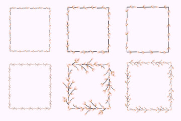 Set of Easter frames. Square Willow frame.Easter wreath made of willow stalks.Vector illustration isolated on a white background. 
