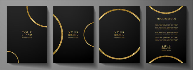 Modern cover design set with gold round ring (golden circle pattern) on black background. Luxury creative premium backdrop. Formal simple vector template for business brochure, certificate,  invite - obrazy, fototapety, plakaty