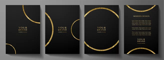 Fotobehang Modern cover design set with gold round ring (golden circle pattern) on black background. Luxury creative premium backdrop. Formal simple vector template for business brochure, certificate,  invite © Shiny777