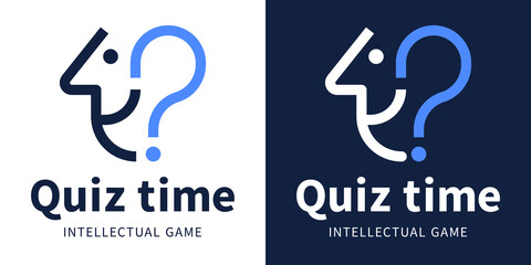 Quiz Time logo for the intellectual game and the questionnaire. Vector icon with a head and a question mark in blue colors.