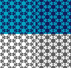 Fototapeta premium Vector seamless pattern in arabic style. Ethnic ornament with triangle, hexagon. Geometric monochrome, blue background for wallpaper, textile print, backdrop, fabric. Color inversion. Simple shapes