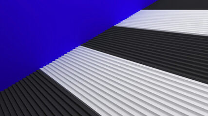 Ladder to the top. White and black steps and a blue wall. Banner with empty place for text. 3d render.