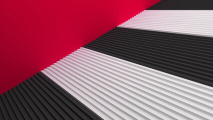 Ladder to the top. White and black steps and a red wall. Banner with empty place for text. 3d render.
