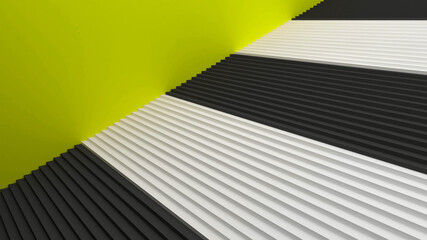 Ladder to the top. White and black steps and a yellow  wall. Banner with empty place for text. 3d render.