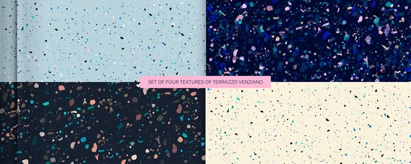 Set seamless trend colors terrazzo patterns. Pattern for ceramics marble natural stone. Vector stock illustration textured shapes in vibrant colors