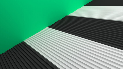 Staircase. Ladder to the top. White and black steps and a green wall. Banner with empty place for text. 3d render.