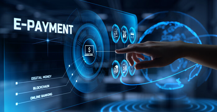 E-payment. Digital Money Online Banking Financial Technology Concept. Hand Pressing Button.