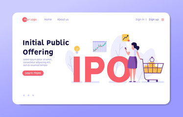 Investor invests in new share and IPO. Concept of initial public offering, return on investment, financial solutions, passive income. Vector illustration in flat design for web banner, landing page