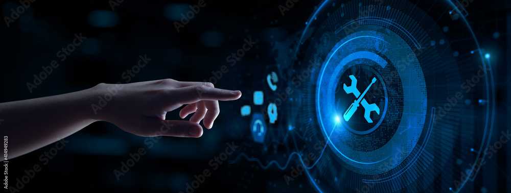 Poster technical support customer service guarantee quality assurance. hand pressing button on virtual scre