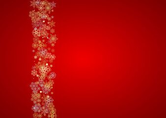 Christmas snow on red background. Glitter frame for winter banners, gift coupon, voucher, ads, party event. Santa Claus colors with golden Christmas snow. Horizontal falling snowflakes for holiday.