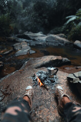 outdoor moka pot ,Brewing coffee in the forest with a moka pot