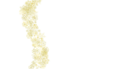 Glitter snowflakes frame on white horizontal background. Shiny Christmas and New Year frame for gift certificate, ads, banners, flyers. Falling snow with golden glitter snowflakes for party invite