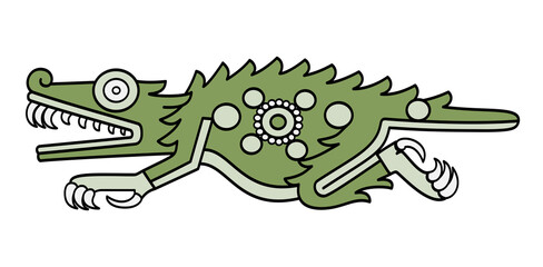 Obraz premium Aztec crocodile symbol, as depicted in Codex Laud in 16th century. Also Cipactli, the first day of Aztec divinatory count. Green crocodile sign, with precious stones on its body. Illustration. Vector.